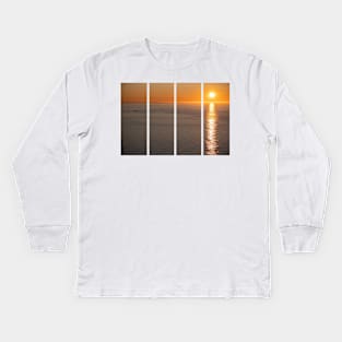 Wonderful landscapes in Norway. Nord-Norge. Beautiful scenery of a midnight sun sunset at Nordkapp (Cape North). Boat and globe on a cliff. Rippled sea and clear orange sky. Kids Long Sleeve T-Shirt